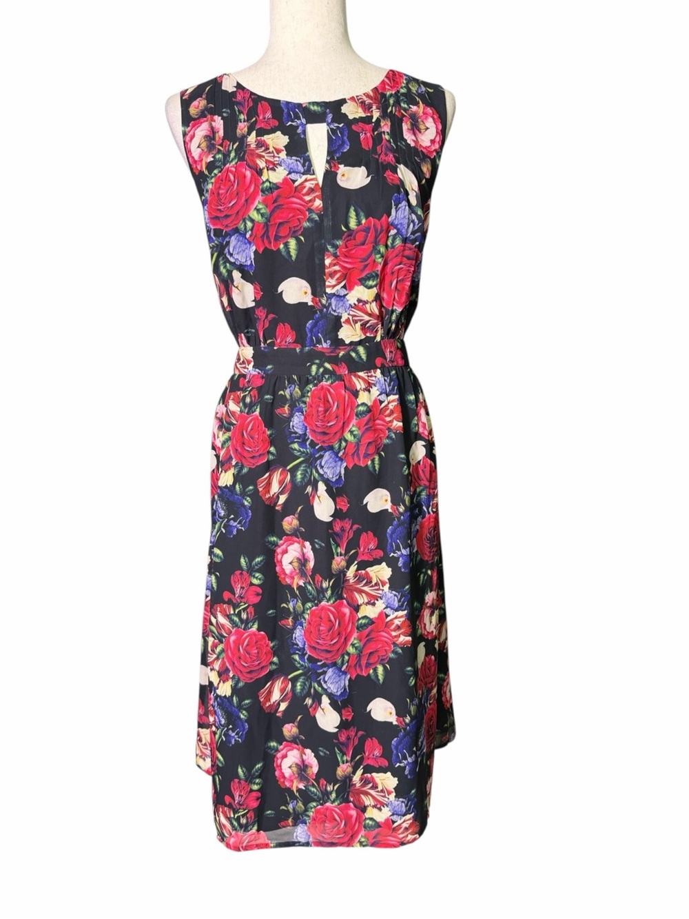 ModCloth Black Rose Floral Sleeveless Midi Dress Keyhole Lined XL